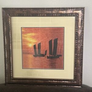 Chinese Suzhou Embroidery King Silk Art Sail Boats Ocean Sunset Framed 14.5x14.5
